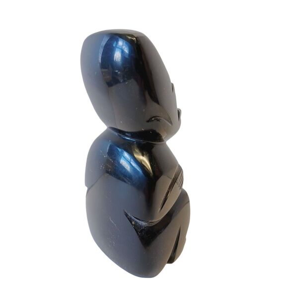 Gold Sheen Black Obsidian Stone 5-5/8"h Mayan Aztec Carved Seated Man Figure - Picture 4 of 8